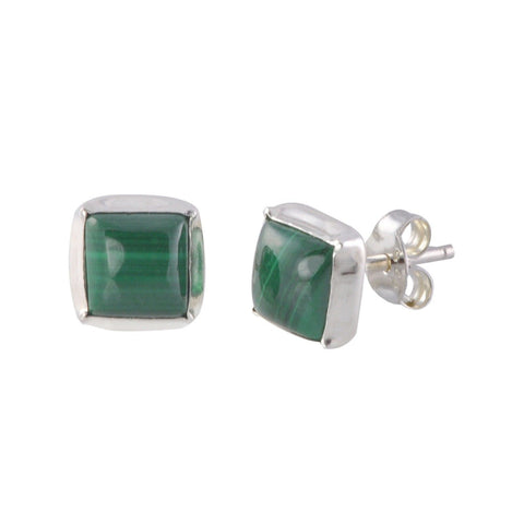 Malachite Gemstone Stud Earrings 7mm Square Sterling Silver .925 - USA - Jewelryland.com