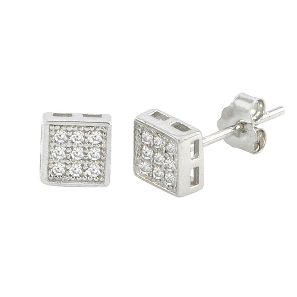 Sterling Silver Micropave Stud Earrings Square Clear CZ Cubic Zirconia 6mm x 6mm - Jewelryland.com