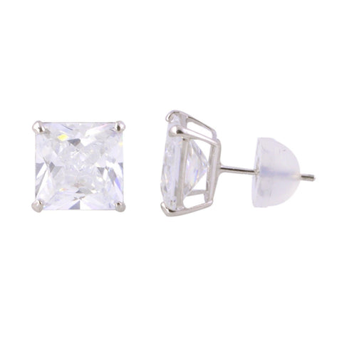 14k White Gold Princess Cut Square CZ Stud Earrings Basket Safety Silicone Backs - Jewelryland.com