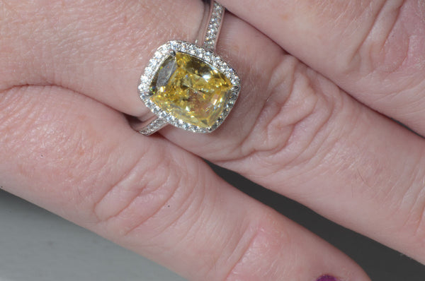 Sterling Silver Canary Yellow Cushion Cut Cubic Zirconia Ring - Jewelryland.com