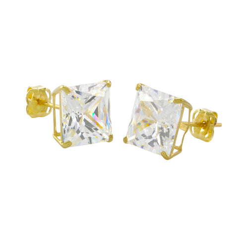 10k Yellow Gold Square Stud Earrings Clear CZ Cubic Zirconia Princess Cut Basket - Jewelryland.com