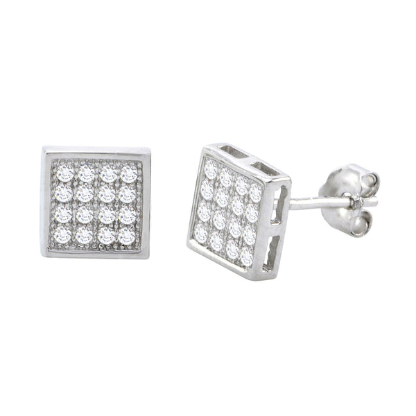 Sterling Silver Micropave Stud Earrings Square Clear CZ Cubic Zirconia 7mm x 7mm - Jewelryland.com