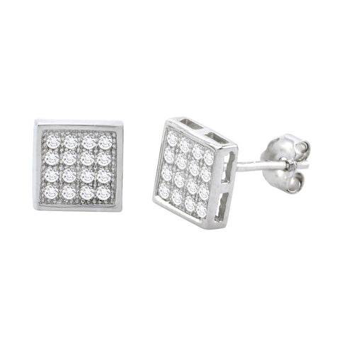 Sterling Silver Micropave Stud Earrings Square Clear CZ Cubic Zirconia 7mm x 7mm - Jewelryland.com