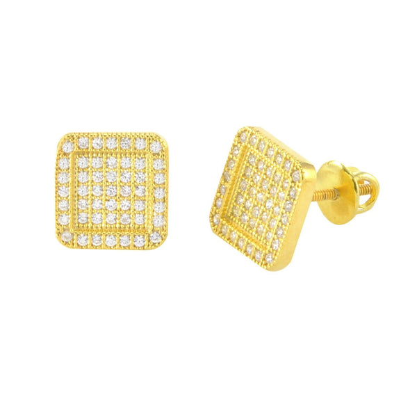 Screwback Earrings Yellow Gold Plated Pave CZ Cubic Zirconia 9mm Rounded Frame - Jewelryland.com