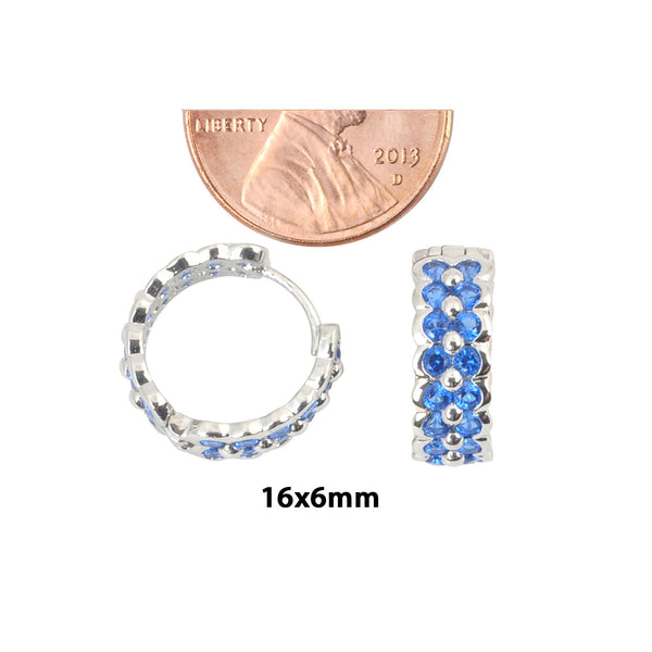 Sterling Silver Huggie Hoop Earrings 2 Row Blue CZ 16mm x 6mm - Jewelryland.com