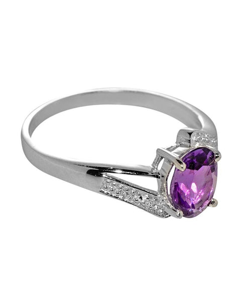 Sterling Silver 1ct Amethyst & Diamond Ring 8mm x 6mm oval gemstone - Jewelryland.com