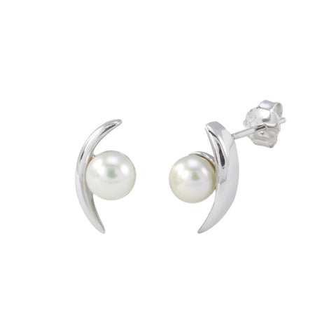 White Pearl Stud Earrings with High Polished Curved Bar .925 Sterling Silver - Jewelryland.com