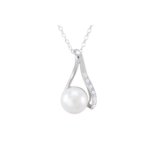 Sterling Silver White Freshwater Pearl Necklace Wishbone CZ Design, 18" Chain - Jewelryland.com
