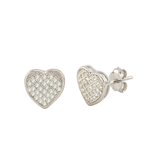 925 Sterling Silver Heart Stud Earrings Clear Micro Pave Cubic Zirconia CZ 9mm - Jewelryland.com