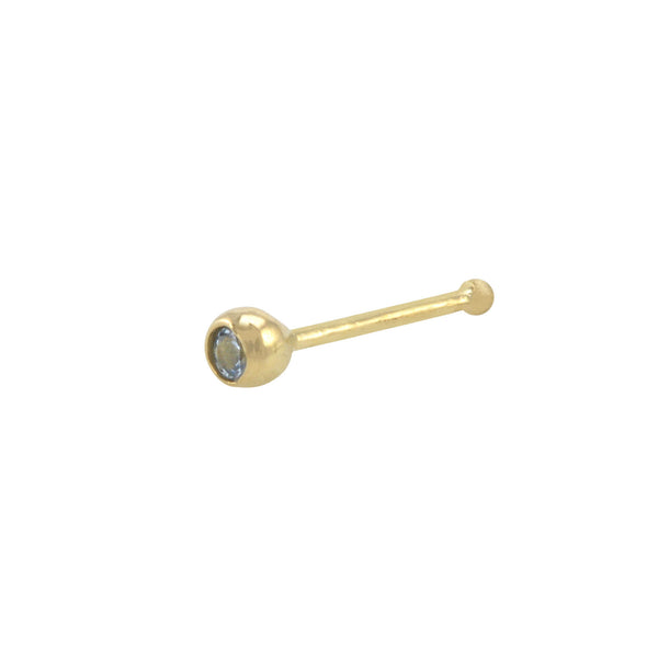 Nose Stud 22G 14k Yellow Gold 2.5mm Aqua Blue Round CZ Bezel Set Nose Bone - Jewelryland.com