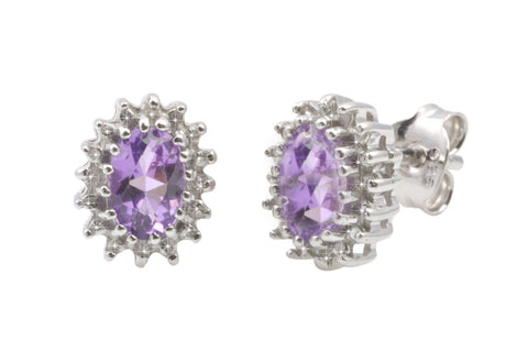 Amethyst & Diamond Stud Earrings Oval .03 ct, I-J, I2 925 Sterling Silver - Jewelryland.com