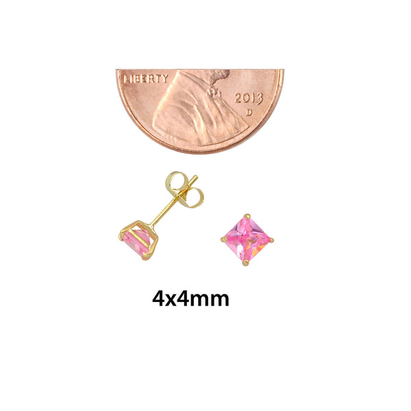 10k Yellow Gold Square Pink CZ Stud Earrings Cubic Zirconia Basket Set - Jewelryland.com