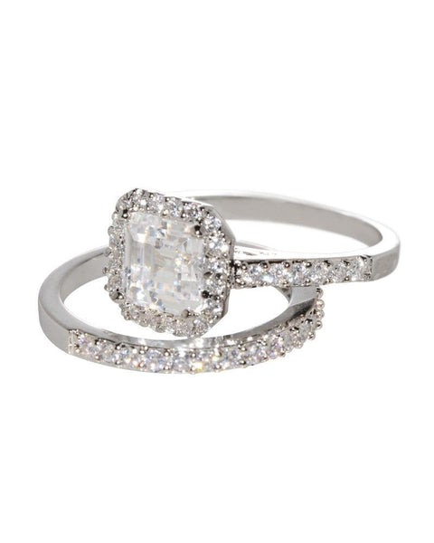 Silver Wedding Ring Set Bridal CZ Band 1.5ct Square Princess Cut Cubic Zirconia - Jewelryland.com