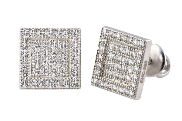 Mens CZ Stud Earrings Sterling Silver Screwback Raised CZ Border 9mm Square - Jewelryland.com