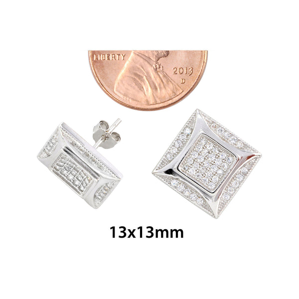 Mens Sterling Silver Square Stud Earrings Pave CZ Silver Kite Shape Design 13mm - Jewelryland.com