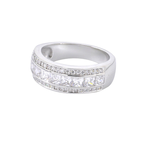 Womens Sterling Silver Ring Cubic Zirconia 3 Row Band Rhodium - 7mm Wide - Jewelryland.com