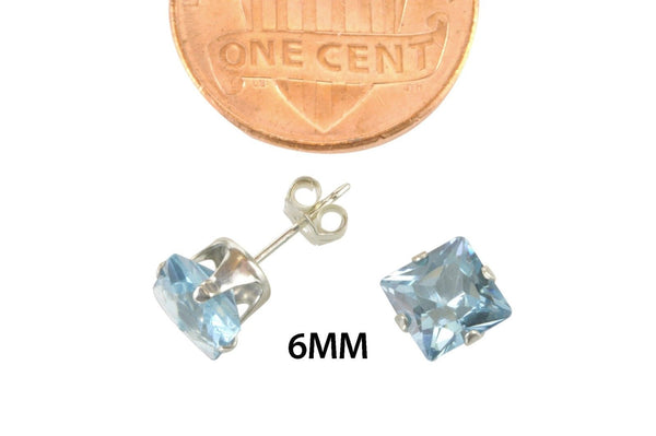 Square Aquamarine CZ March Birthstone Stud Earrings Silver Cubic Zirconia Prong - Jewelryland.com