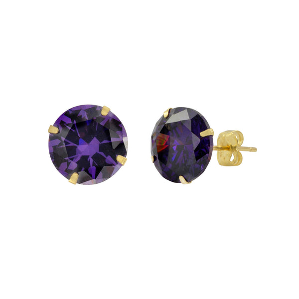 14k Yellow Gold Purple Amethyst Cubic Zirconia Stud Earrings Round Birthstone CZ - Jewelryland.com