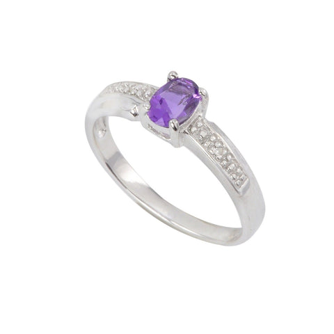 Sterling Silver .01ct Genuine Diamond Ring with 6x4mm Amethyst Stone - Jewelryland.com