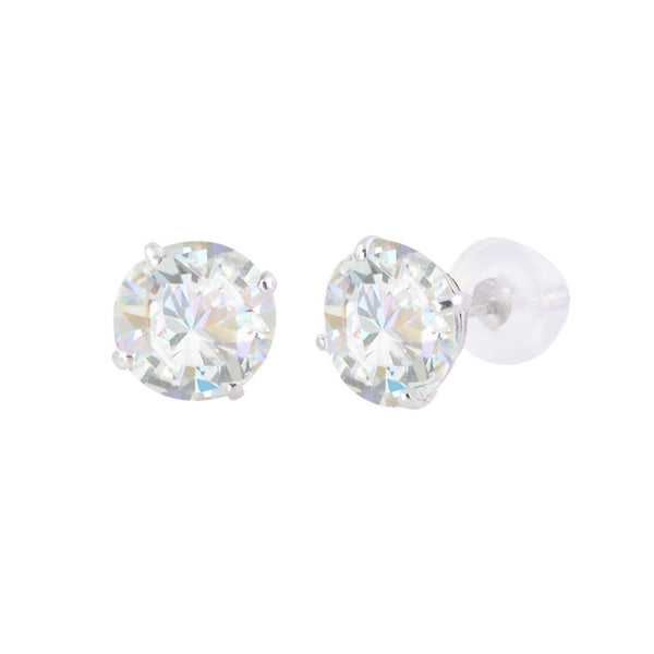 14k White Gold Clear CZ Round Basket Cubic Zirconia Stud Earrings Silicone Backs - Jewelryland.com