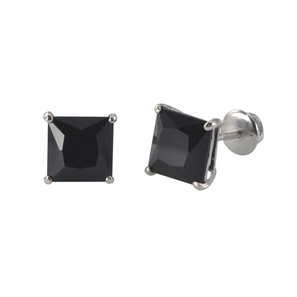 Sterling Silver Screwback Earrings Black CZ Studs Square Princess Cut Basket Set - Jewelryland.com