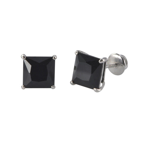 Sterling Silver Screwback Earrings Black CZ Studs Square Princess Cut Basket Set - Jewelryland.com