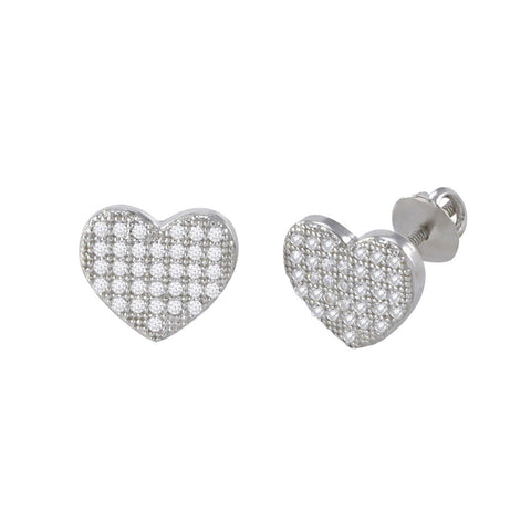 Heart Earrings Screwback Studs .925 Sterling Silver 8mm Micropave CZ Heart - Jewelryland.com