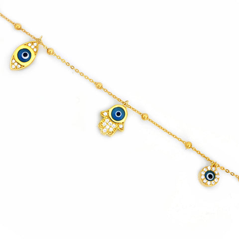 925 Sterling Silver Charm Bracelet Hamsa and Evil Eye Yellow Gold Plated - Jewelryland.com
