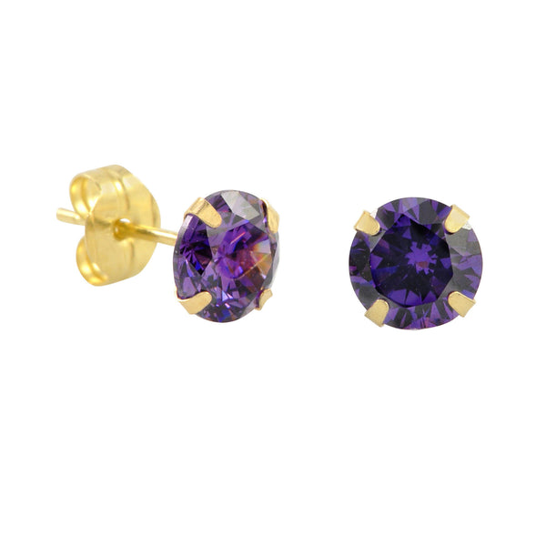 10k Yellow Gold Purple Amethyst CZ Stud Earrings Cubic Zirconia Round Prong Set - Jewelryland.com