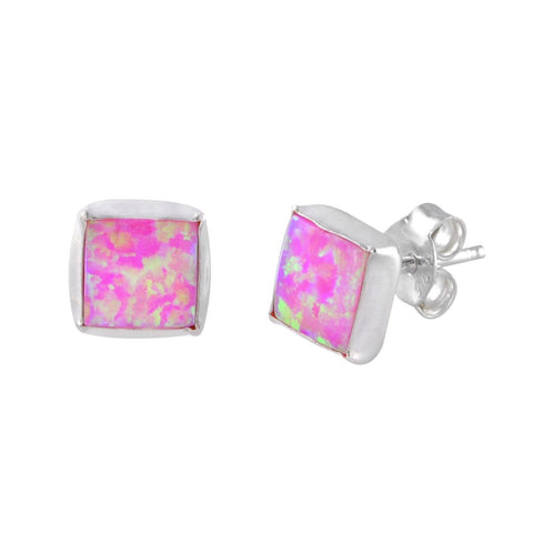 7mm Pink Square Opal Gemstone Earrings Studs Sterling Silver - Jewelryland.com