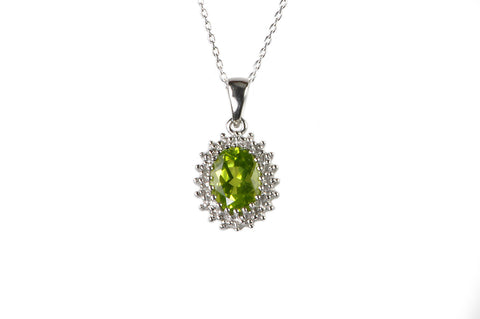 Sterling Silver Peridot and Diamond Necklace (.01ct) Oval Pendant Necklace - Jewelryland.com