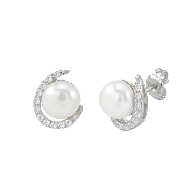 White Freshwater Pearl Sterling .925 Silver Earrings with Fancy White CZ Swoosh - Jewelryland.com