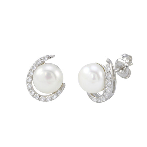 White Freshwater Pearl Sterling .925 Silver Earrings with Fancy White CZ Swoosh - Jewelryland.com