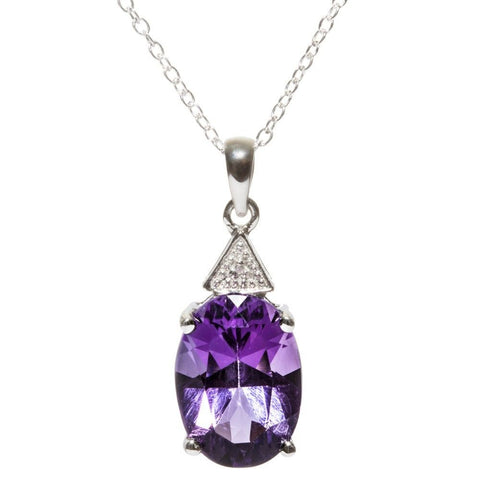 Sterling Silver .003ct Diamond and Amethyst Oval Pendant Necklace
