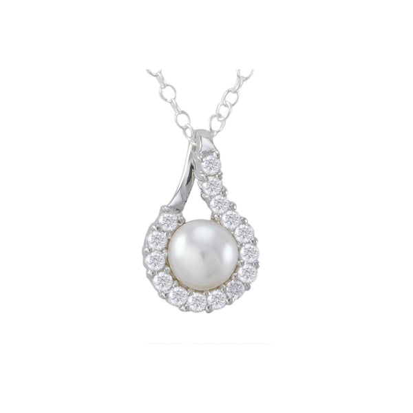 White Freshwater Pearl Sterling Silver Necklace w/ Fancy CZ Surround, 18" Chain - Jewelryland.com