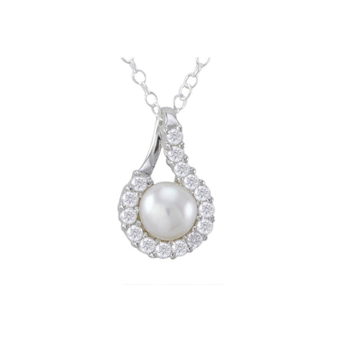 White Freshwater Pearl Sterling Silver Necklace w/ Fancy CZ Surround, 18" Chain - Jewelryland.com