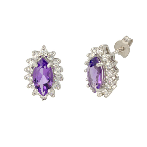 Amethyst Gemstone Stud Earrings 925 Sterling Silver Elongated Oval - Jewelryland.com