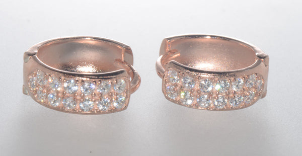 Sterling Silver Hoop Earrings Rose Gold Plated 2 Row Cubic Zirconia 13mm x 5mm - Jewelryland.com