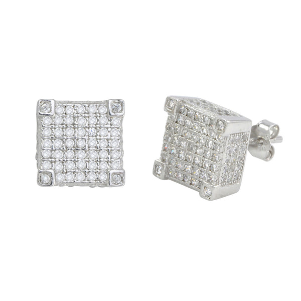 Sterling Silver Stud Earrings Micropave Fancy 3d Square Cube Design 10mm x 10mm - Jewelryland.com