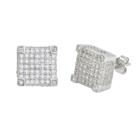 Sterling Silver Stud Earrings Micropave Fancy 3d Square Cube Design 10mm x 10mm - Jewelryland.com