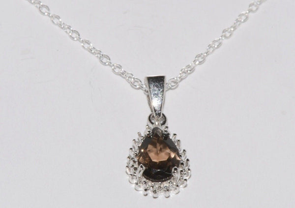 925 Sterling Silver Diamond (.01ct) and Smoky Quartz Teardrop Necklace 18" chain - Jewelryland.com