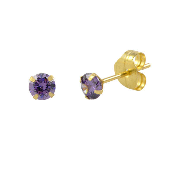 14k Yellow Gold Purple Amethyst Cubic Zirconia Stud Earrings Round Birthstone CZ - Jewelryland.com