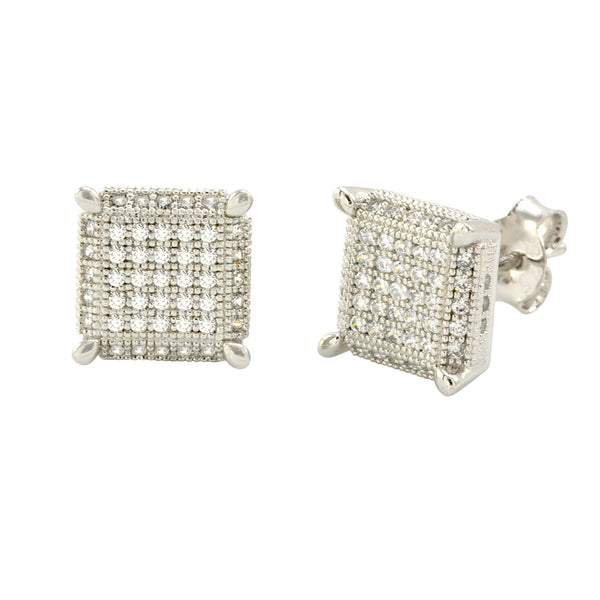 925 Sterling Silver 3d Square Stud Earrings White Pave Cubic Zirconia CZ 9mm - Jewelryland.com