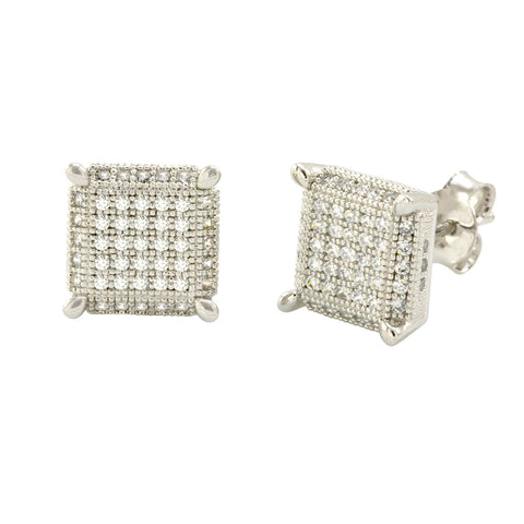 925 Sterling Silver 3d Square Stud Earrings White Pave Cubic Zirconia CZ 9mm - Jewelryland.com