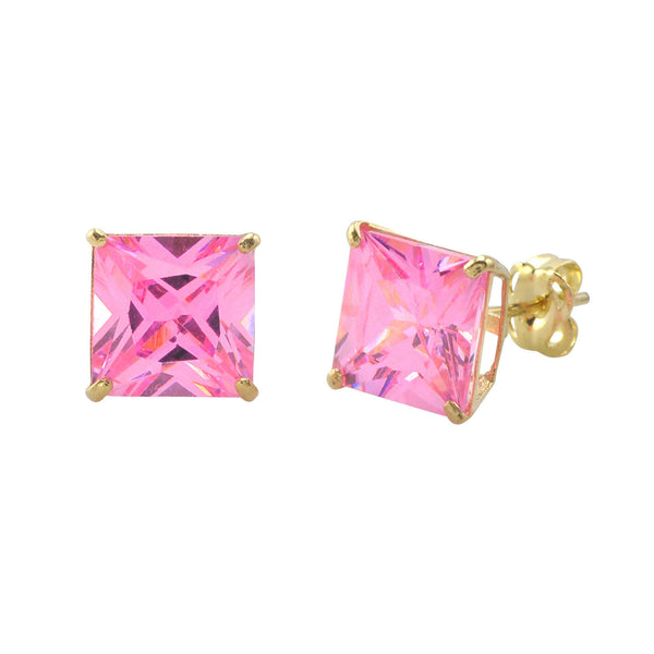 10k Yellow Gold Square Pink CZ Stud Earrings Cubic Zirconia Basket Set - Jewelryland.com
