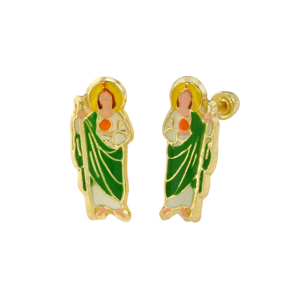 10k Yellow Gold Guadalupe Virgin Green Stud Earrings Screwback Hand Painted 14x6 - Jewelryland.com