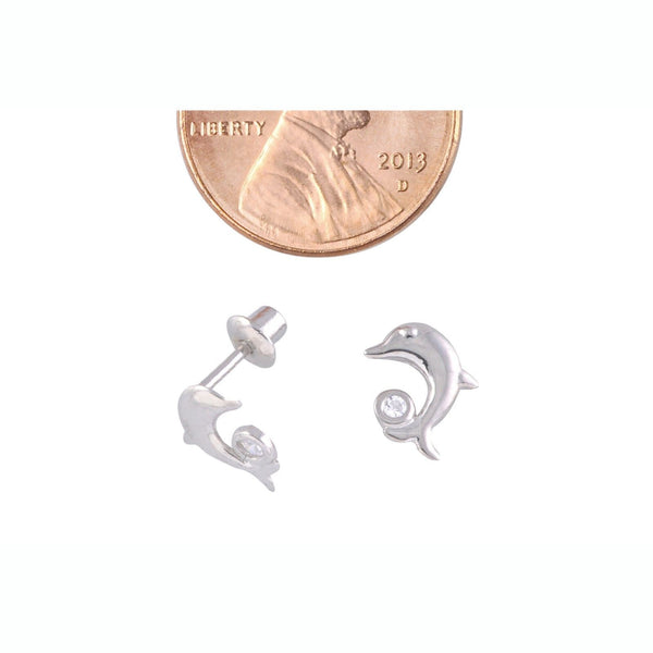 Dolphin Screwback Stud Earrings Small .925 Sterling Silver 9mm Clear CZ - Jewelryland.com