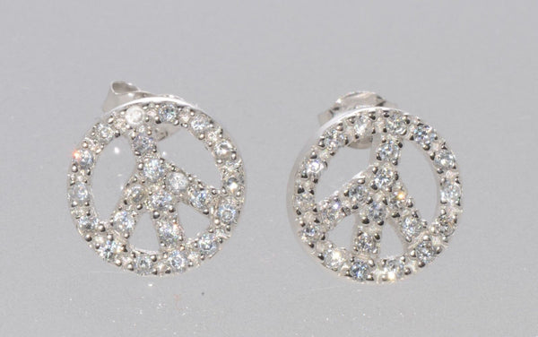 Peace Sign Stud Earrings Micropave Cubic Zirconia Sterling Silver Cute 11mm - Jewelryland.com