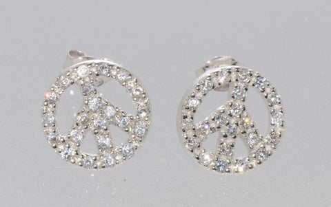 Peace Sign Stud Earrings Micropave Cubic Zirconia Sterling Silver Cute 11mm - Jewelryland.com