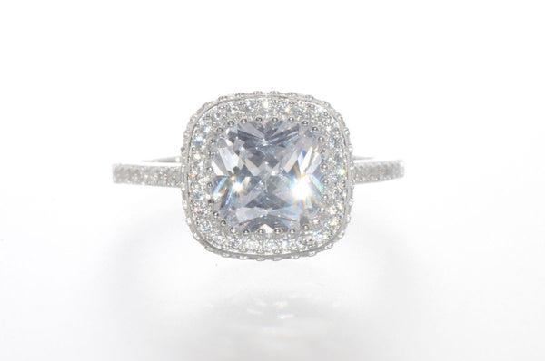 Sterling Silver CZ Ring 9mm Square Princess Cut Center Stone with Accent Stones - Jewelryland.com